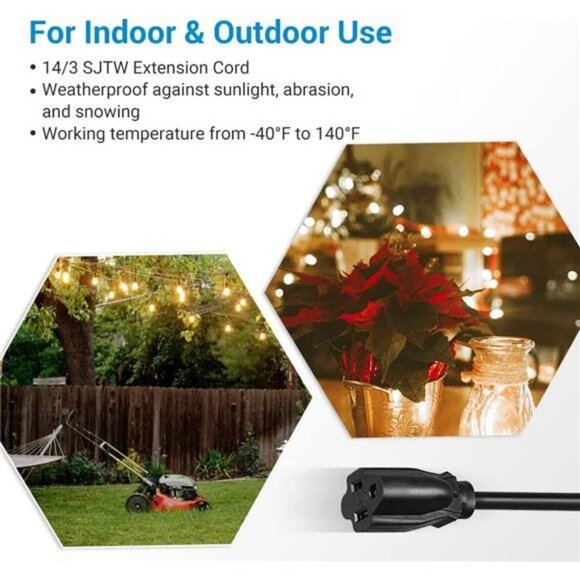100 ft Extension Cord, 14/3 SJTW Outdoor Power Cable, 3 Prong Heavy Duty - Picture 3 of 7